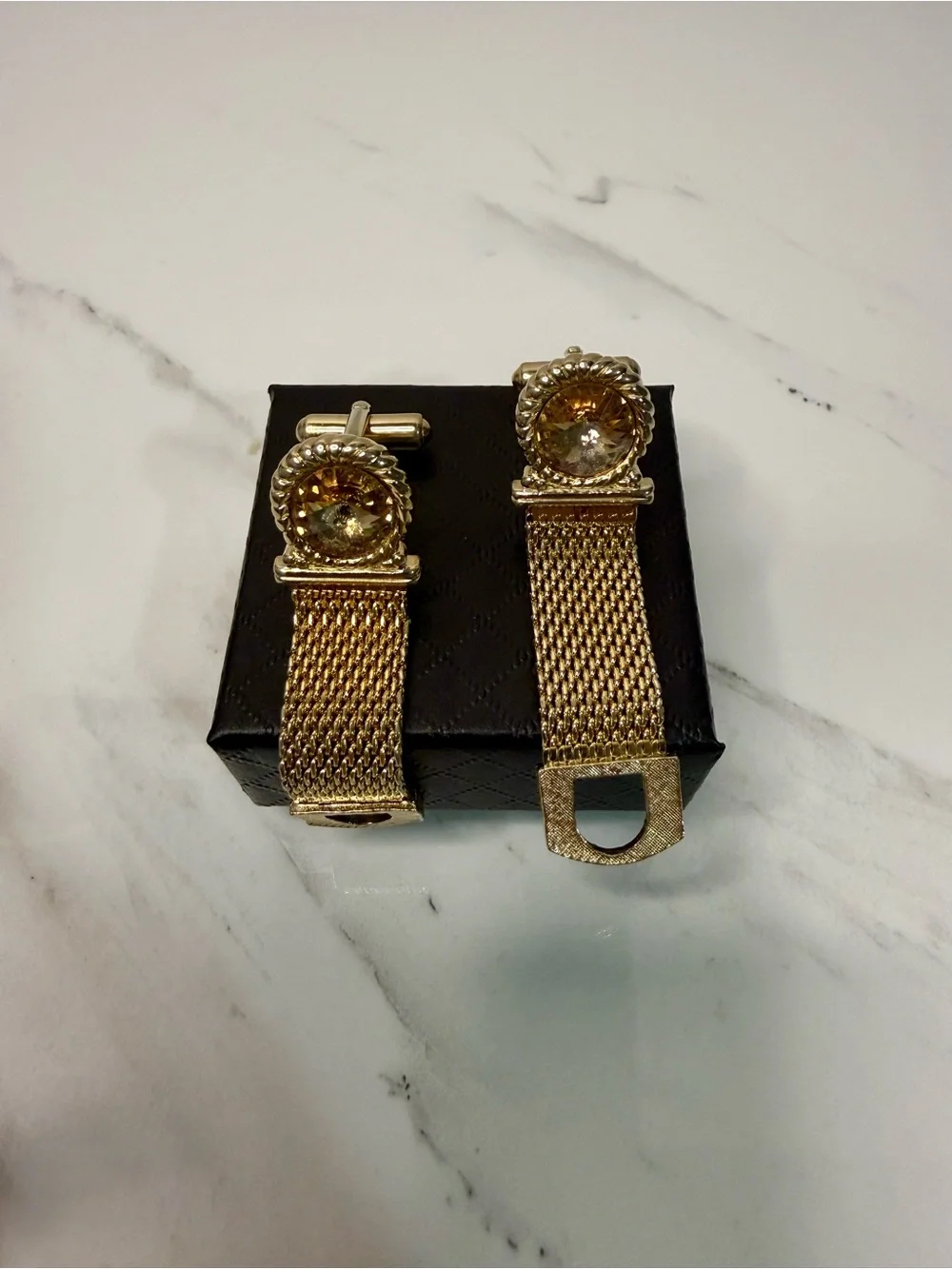 Gold Tone Mesh Cufflinks with Faceted Crystal Accent